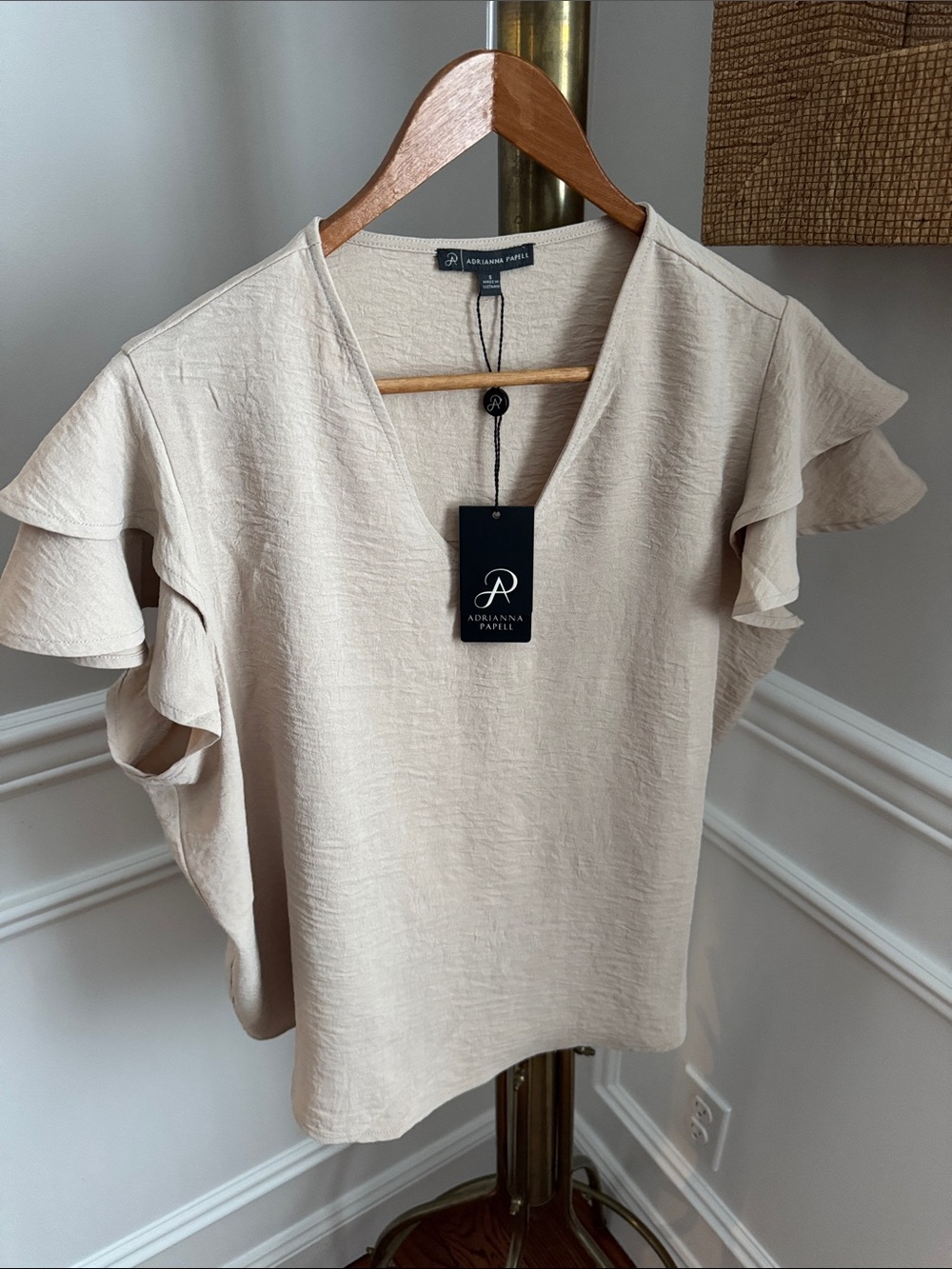 Adrianna Papell Light Beige Ruffle Sleeve V-Neck Blouse